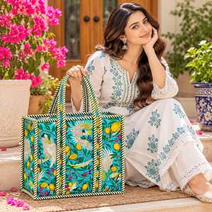 Bolsa de Compras de Moda de Algodón de Alta Calidad con Cierre de Cremallera, Estilo Clásico con Paneles Florales y Gran Capacidad, Personalizable - Product Image 2