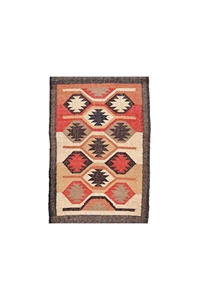 Alfombra Rectangular para Sala de Estar, Diseño Geométrico Negro, Beige y Rojo, Lana Acrílica, Tejido Plano, Kilim Hecho a Mano - Product Image 1