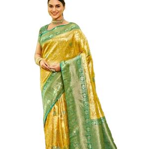 นักออกแบบล่าสุดผ้าไหมบานาราสีทองาน Pallu ลําดับสารีโดย Fab Zone - Product Image 1