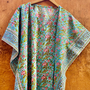 Robe kaftan personnalisée pour femme, imprimé, en coton, avec ceinture intérieure et fentes latérales, imprimé à la main, kaftan en coton, tenue de plage - Product Image 1