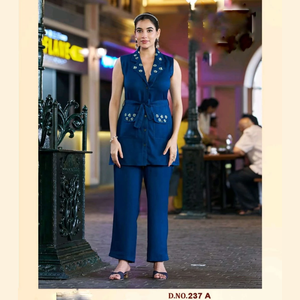 Designer Blue Co-Ord Set <b>For</b> <b>Women</b> Floral Embroidered Vest Top Trousers <b>Belted</b> Indo Western Matching Two Piece <b>Dress</b> blue co ord - Product Image 3