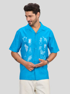 Men's Blue Short Sleeve Casual <b>Shirt</b> with Hand Embroidered Turn-down Collar 100% Cotton All Time Wear Winter - Product Image 4