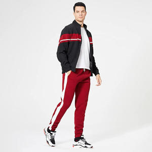 Wholesale Men's Sporty Tracksuit Set Black Red Color Blocking Full <b>Zip</b> <b>Hooded</b> Jacket With Side Pockets And Drawstring Pants - Product Image 4