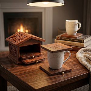 Juego de Posavasos de Madera Hechos a Mano con Forma de Casa, Posavasos Tallados Vintage con Soporte, Decoración de Mesa, Artículo Artesanal Único - Product Image 6