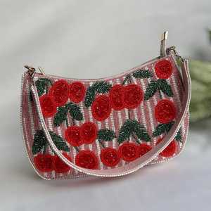 Handmade Cherry Embroidery Beaded Handbag <b>Pink</b> Red Floral Pattern <b>Crossbody</b> <b>Bag</b> For Women Accessory <b>Pink</b> White Beaded - Product Image 1