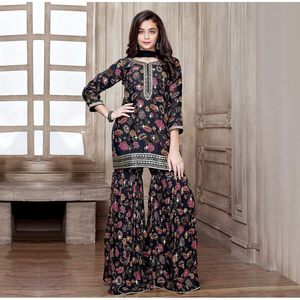 ผ้าจอร์เจียแบบดิจิทัลปักลายแฟนซีเสื้อ Sharara กับ Dupatta สีน้ำตาล - Product Image 1
