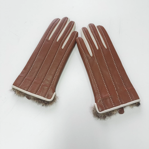 HARAZ INTERNATIONAL ถุงมือหนังแกะแท้แบบสัมผัสหน้าจอสำหรับกิจกรรมกลางแจ้งพร้อมซับในผ้าแคชเมียร์และข้อมือขนกระต่ายแท้ - Product Image 2