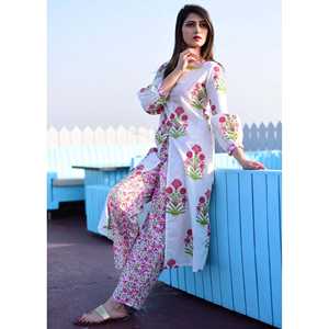 Ensemble de costume Butta rose sur fond blanc pour femmes, en coton respirant, motif dessiné à la main, taille XS - Product Image 2