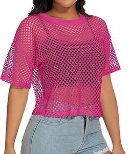 Women's Transparent Mesh Base Short Sleeve Pink Color Loose Crop T-Shirt Autumn Outerwear Cropped Casual Tank <b>Top</b> Mesh T Shirts - Product Image 3
