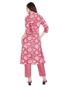 SAZU Floral Cotton <b>Kurta</b> Set with Chevron Print Pants Stylish Shirt-Collar Long Kurti for <b>Women</b> Floral Printed Ethnic Suit - Product Image 2