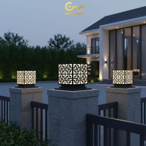 Luxury Greek Key LED Entrance <b>Pillar</b> <b>Light</b> Vietnam CM Decor Outdoor Villa Garden Black E27 IP65 Metal Gate Lamp AC 220V (±10%) - Product Image 6