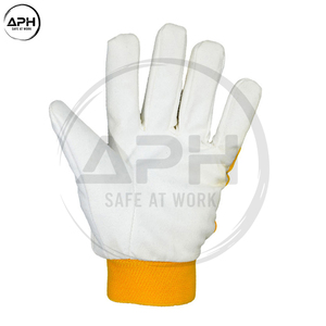 Gants de travail confortables en cuir blanc avec paume jaune et rouge, dos respirant, pour mécaniciens, ateliers de construction - Product Image 3