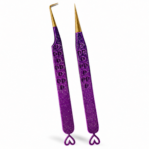 Purple Heart Design Eyelash Tweezers 125mm Stainless Steel Precision Tool with Gold Tips for Lash Extension - Product Image 1