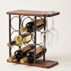 Wholesale 6 Bottle Rustic Wood Countertop Wine Rack Metal <b>Freestanding</b> Wine Holder for Kitchen Storage & Home <b>Bar</b> Decor - Product Image 4