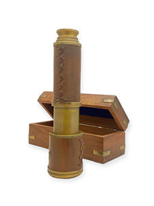 Vintage 14 Inch <b>Brass</b> Leather Mounted <b>Telescope</b> with Antique Finish Sun Shade and Wooden Storage Box Nautical Interior Accent - Product Image 3