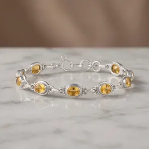Classic 925 Silver Oval Citrine <b>Chain</b> Bracelet Women's Everyday Wear Bezel Set Gemstone Jewelry - Product Image 2