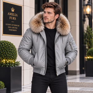<b>Men's</b> Breathable <b>Summer</b> Casual Leather Bomber <b>Jacket</b> with Real Fox Fur Hood - Product Image 4