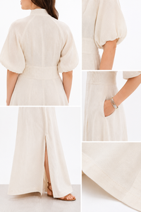 Robe longue bohème pour femme à col montant et manches bouffantes, en lin/coton, faite main, écologique, taille naturelle, couleur unie, taille XXS - Product Image 5