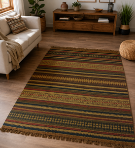 Tapis Kilim Dhurrie en coton fait main, tapis vintage à rayures, tissage plat, tapis tribal bohème, décoration de salon - Product Image 3