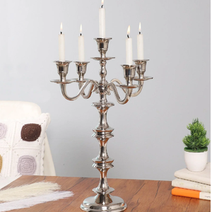Shining chrome finish five arms <b>candelabra</b> showcasing a decorative knobby column pedestal, available at wholesale prices. - Product Image 5