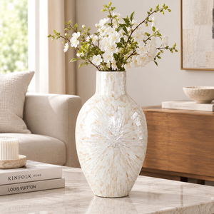 Vase artisanal en nacre incrustée, motif radial blanc, décoration de table de style côtier pour la maison - Product Image 3