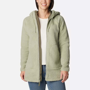 Women's Sage Green Zip Up Hooded <b>Sherpa</b> <b>Fleece</b> Jacket Long Coat - Product Image 1