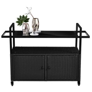 Carrello Bar da Esterno Grande in Vimini con Piano in Vetro, Vano Portaoggetti e Design con Ruote - Product Image 2
