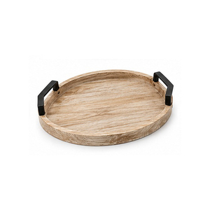 Plateau de rangement rond en bois avec poignées en laiton, design minimaliste pour utilisation sur table, plateau simple pour servir boissons et aliments, finition laquée - Product Image 4