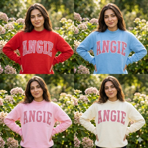 Sudadera Crema con Cuello Redondo para Mujer, con Estampado de Letras Rojas a Cuadros, Angie Print, Tailgate Gameday Merch - Product Image 5