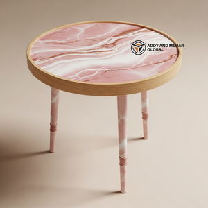 Pink Marble Design Round Wooden <b>Stool</b> – Handcrafted Modern Decorative Accent <b>Stool</b> - Product Image 1