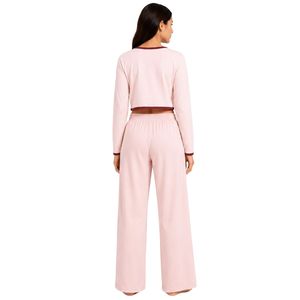 Manufacturer Light Pink And Burgundy Women Long Sleeve <b>Crop</b> <b>Pajama</b> Set Soft Knit Button Front Lounge Wear Wide Leg Sleepwear OEM - Product Image 2