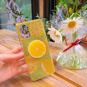 Handmade Custom Beaded Phone Case Lemon Slice and Flower Design Yellow Green Color Craft Accessory - Product Image 1