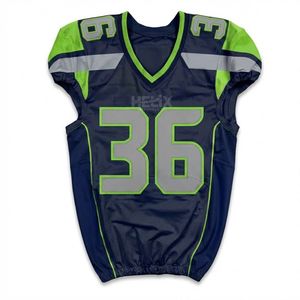 Maillots de football américain personnalisés sublimés bleu marine avec passepoil vert lime, uniformes de performance ergonomiques pour équipes de gridiron - Product Image 1