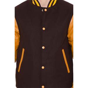 แจ็คเก็ตวาร์ซิตี้แบบ Letterman สำหรับฤดูหนาว ผลิตตามสั่ง (OEM) ทำจากผ้าขนแคชเมียร์แท้ 100% แขนเสื้อทำจากหนังวัวแท้ สีน้ำตาลเข้มและสีส้ม - Product Image 2