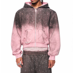Sudadera con capucha y cremallera Glory para hombre, de algodón 100%, estilo urbano, con efecto desgastado y rotos, color rosa, con pedrería - Product Image 1