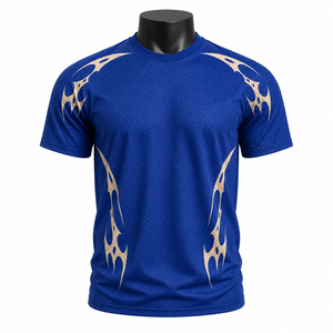เสื้อฟุตบอลสีน้ำเงินแบบกำหนดเองสำหรับผู้ชาย แขนสั้น ผ้าตาข่าย ระบายอากาศได้ดี ทรงแอธเลติก พิมพ์ลายสีทอง คอกลม เสื้อกีฬา - Product Image 1