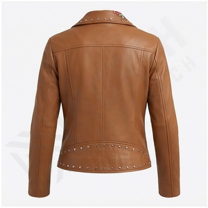แจ็กเก็ตมอเตอร์ไซค์ของผู้หญิงสีน้ำตาลวินเทจหนังถักระบายอากาศสำหรับสไตล์แฟชั่นนักขี่จักรยาน - Product Image 3