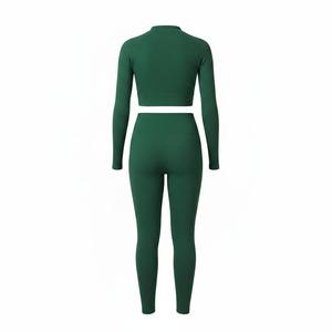 Seamless Ribbed Nylon 2-Piece Yoga Set <b>Mock</b> <b>Neck</b> Long Sleeve Crop <b>Top</b> & High Waist Tummy Control Sublimation Printed Leggings - Product Image 3