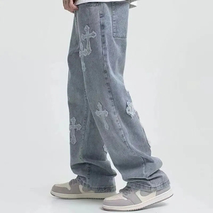 Pantalones Vaqueros Anchos con Parches Cruzados Desgastados, Cintura Media, Corte Holgado, Estilo Hip Hop, Color Sólido, Largos, de Algodón, para Streetwear - Product Image 3