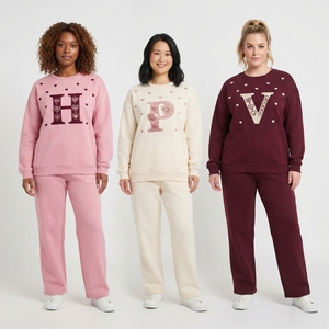 Wholesale Ladies Crew Neck Sweatshirt and Trouser Set with Festive <b>Christmas</b> Embroidered Words <b>Long</b> <b>Sleeve</b> Fleece Winter Casual - Product Image 2