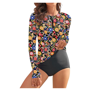 Women Long Sleeve Tropical Print <b>Rash</b> Guard Top Two Piece Swimwear Set - Product Image 4