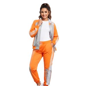 <b>Women's</b> Winter Orange & Grey Two Piece Breathable Tracksuit Set Striped Zip-Up <b>Jacket</b> & Jogger Pants Sportswear - Product Image 1