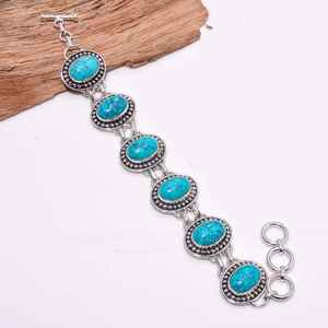 Turquoise Oval <b>Stone</b> Bracelet Boho Silver Statement Bracelet Vintage Style Handmade Jewelry Gift For Her - Product Image 3