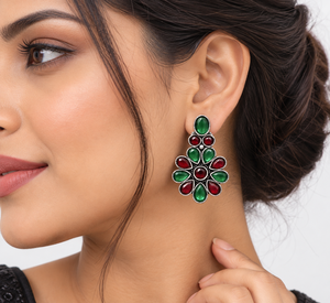Pendientes de Plata Oxidada con Flores y Piedras Coloridas Verdes y Rojas, Pendientes Florales para Mujer, Joyería de Moda al por Mayor - Product Image 6