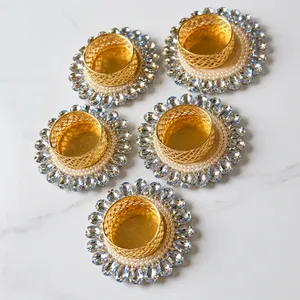 Round <b>Gold</b> <b>Tea</b> <b>Light</b> <b>Holder</b> with Crystal and Pearl Trim for Wedding Home Decoration - Product Image 5