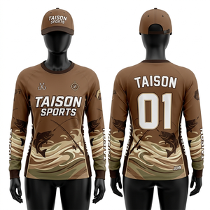 Maillot de pêche pour femmes, premium, 180 gsm, polyester et élasthanne, respirant, anti-humidité, empiècements camouflage marron, sublimation par transfert thermique, logo personnalisé - Product Image 1