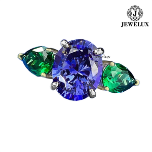 Anillo de cóctel para mujer Jewelux de alta calidad con circonita púrpura en el centro y piedras laterales de corte pera verde, engaste de garras, estilo de lujo - Product Image 5