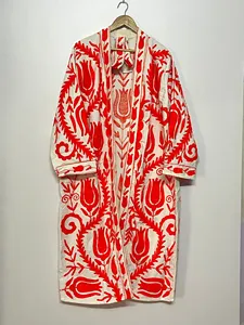 Veste longue en coton brodé Suzani pour femmes, style bohème chic, travail au fil floral, manches longues, style ethnique, vêtements d'extérieur pour l'hiver - Product Image 1