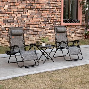 Sedie reclinabili da patio grigie con tavolino laterale per bordo piscina e campeggio - Set da 3 pezzi - Product Image 2