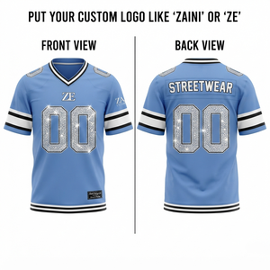 Unisex American Football Jersey Premium Polyester <b>Mesh</b> 220 GSM Light <b>Blue</b> Black White Custom Rhinestone Logo Number Applique - Product Image 1